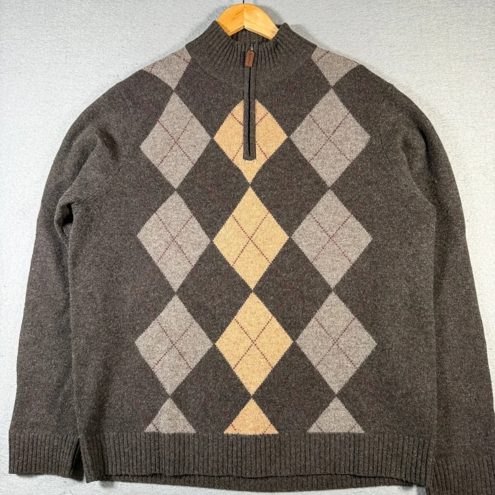 Vintage J Crew Mens Argyle Quarter Zip Sweater Wool XL Brown Tan Gray